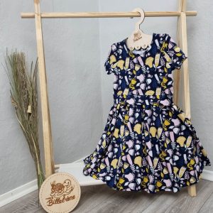 Mädchenkleid mit Tellerrock – Gr. 122, Hauptfarben: dunkellbau/rosa/gelb, 95% Baumwolle, 5% Elasthan