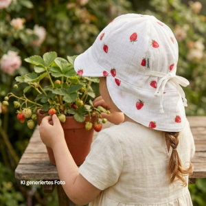 Mitwachsender Musselin Sonnenhut mit Erdbeeren, Hauptstoff & Bindeband 100% Baumwolle